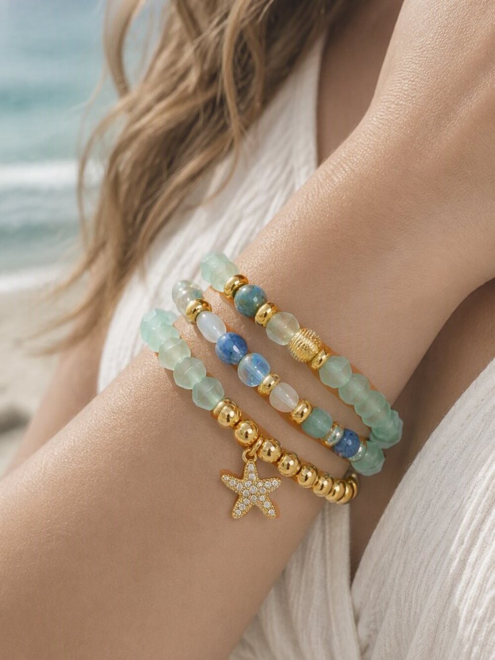 New! Set of 3 Acrylic Frosted Seaglass Aqua & Gold Tone Beaded Stretch Bracelets